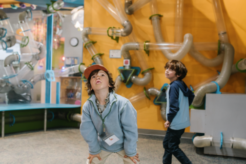 children stare in wonder at a floor to ceiling air maze that teaches about air currents