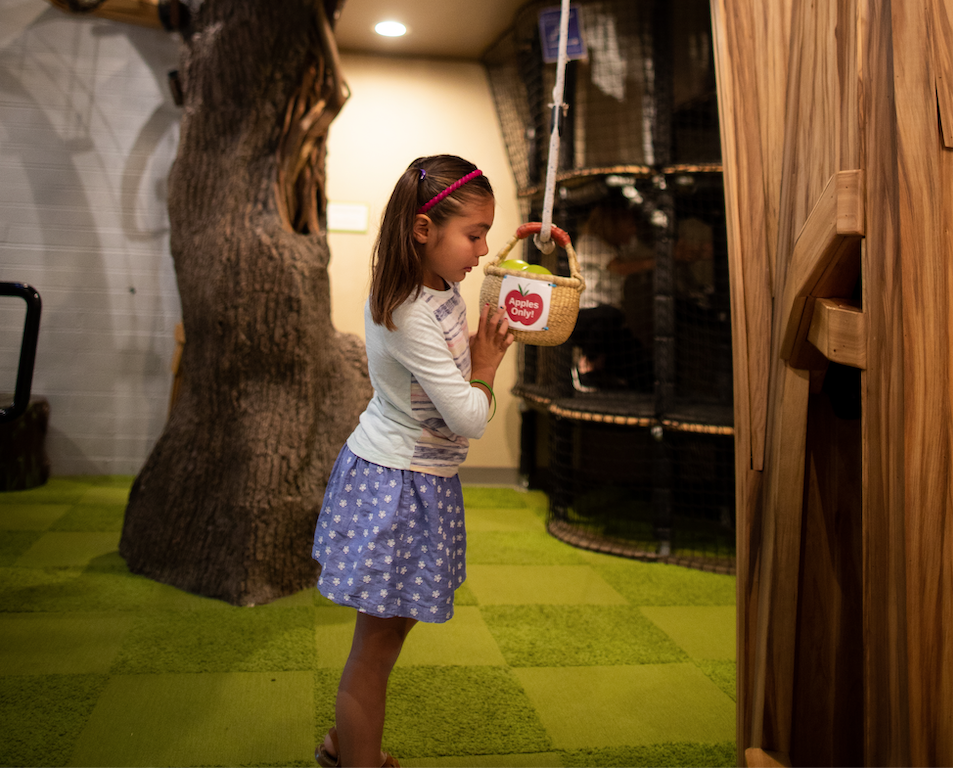 la casa del árbol de la manzana y el sistema de poleas enseñan a los niños sobre las poleas