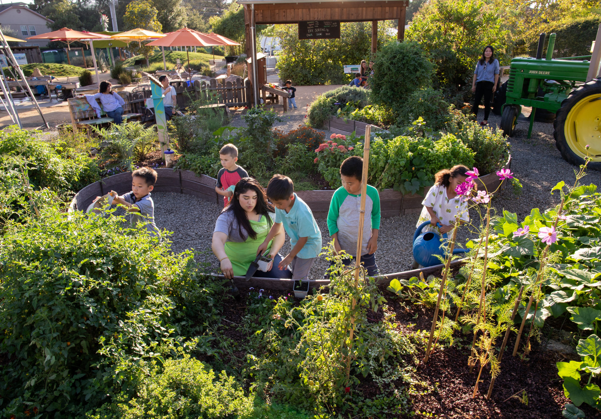 Niños jugando y cultivando el jardín