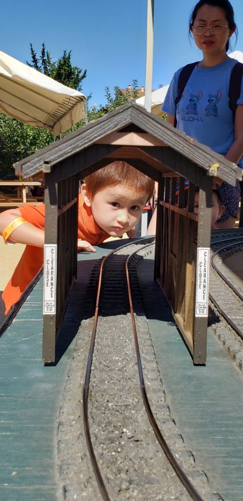 child looking through train tunnel at Great Train Days