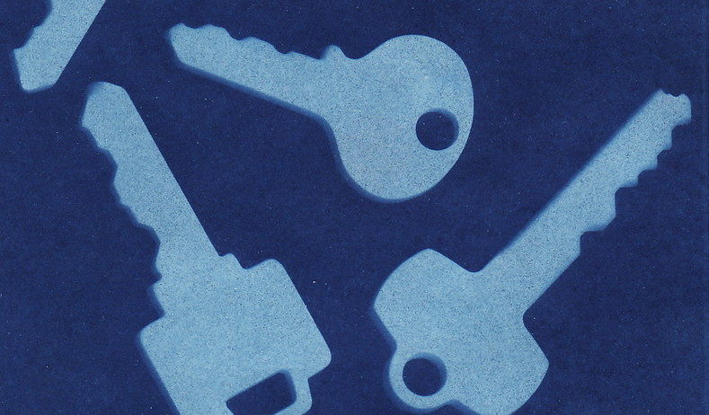 keys printed with sunprint kit on blue paper