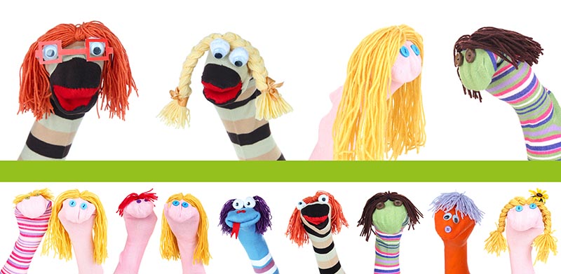 Collage of different funny sock puppets