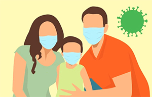 clipart de una familia con un niño con máscaras contra el coronavirus