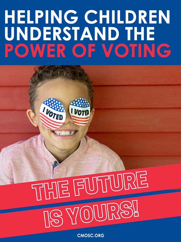 young child smiling and wearing 'I Voted' stickers on his face under banner stating "helping children understand the power of voting"