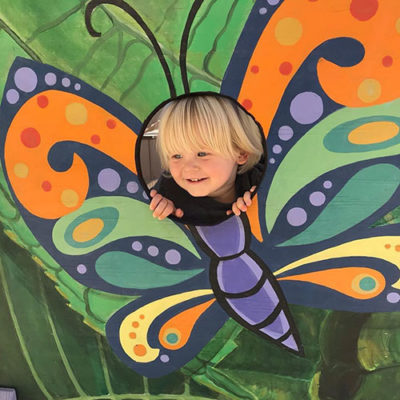 Un niño jugando con la exposición El ciclo de la vida de una mariposa en el Museo de los Niños del Condado de Sonoma.