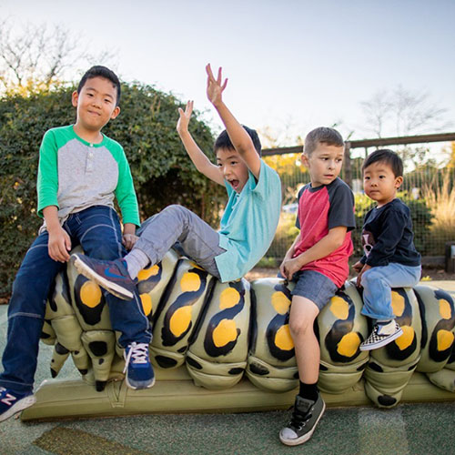 Niños del Museo Infantil del Condado de Sonoma jugando en la Oruga de los Cuentos.