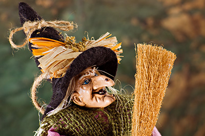 A La befana marionette puppet, the traditional witch's costume for the epiphany holiday in Italy