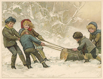 Drawing of Children pulling a Yule log through a snowy forest 
