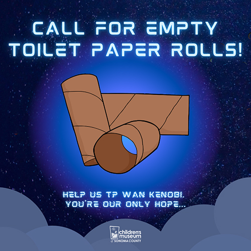 Graphic featuring cartoon drawings of empty toilet paper rolls floating in a starry night sky with text overlay that reads, "Call for Empty Toilet Paper Rolls!" in a neon blue sci-fi font