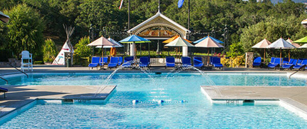 the pools and cabins at the Francis Ford Coppola Winery