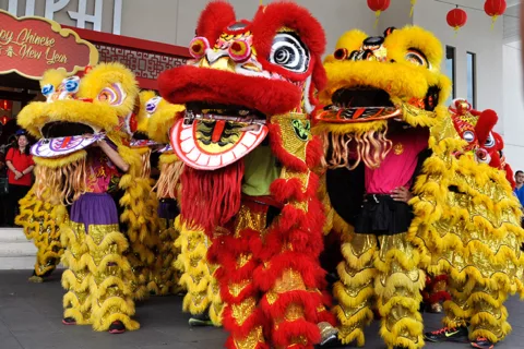 Chinese dragon and lion masks used to perform Lunar New Year Dragon Dance