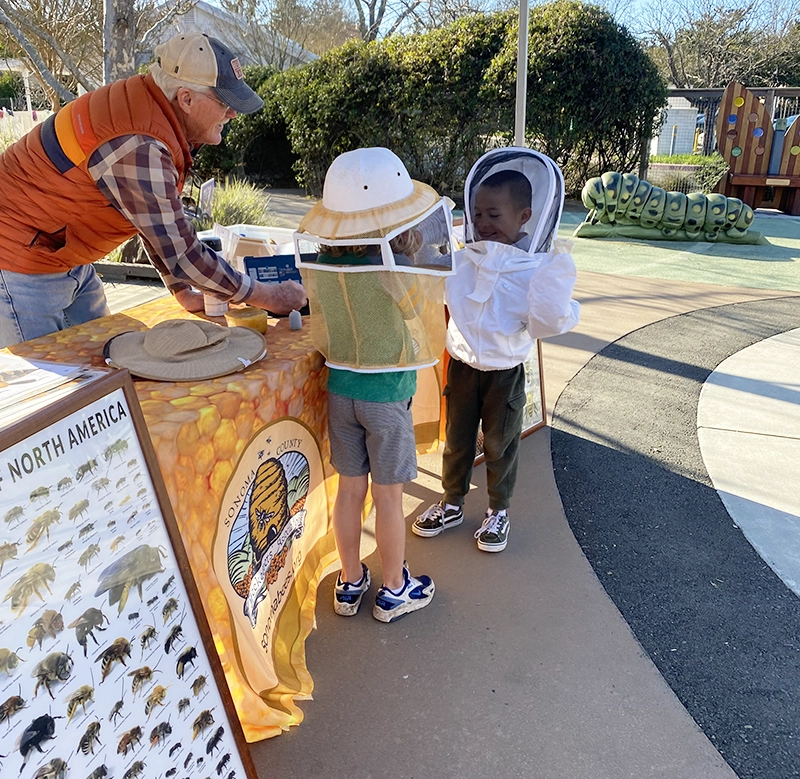 Dos niños vestidos con trajes de apicultor reales proporcionados por la Asociación de Abejas del Condado de Sonoma durante un programa pop up en el Museo de los Niños del Condado de Sonoma.