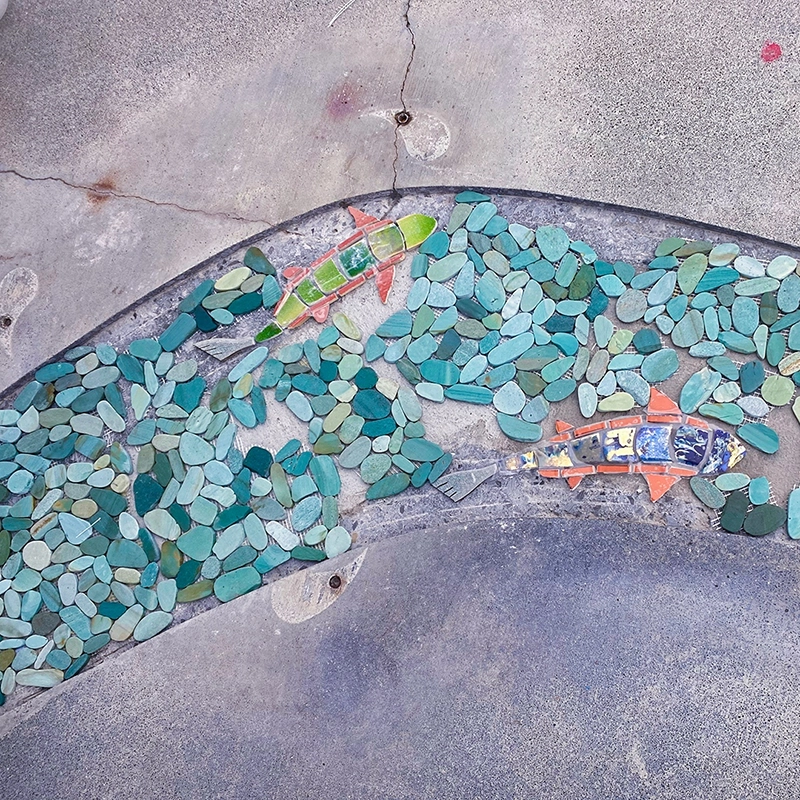 Un hermoso mosaico fluvial de aguas azules impresionantes con peces de vivos colores naranjas y verdes, realizado por la artista local del condado de Sonoma, Angelica Duckett, e instalado en el Museo Infantil del Condado de Sonoma.