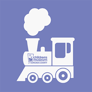 Purple and white icon featuring a Train with the Children's Museum of Sonoma County logo on it