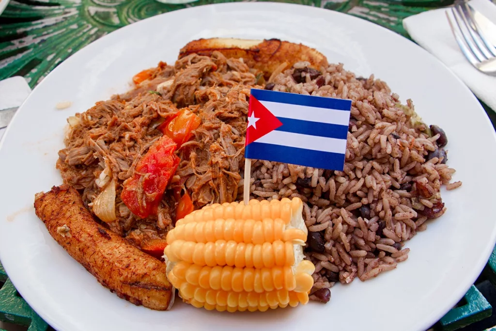 A delicious looking plate of Ropa Vieja, a traditional recipe from Cuba featuring shredded beef, spices, rice, beans, and corn.