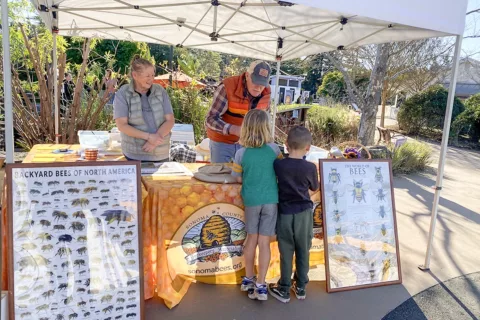 Dos apicultores de la Asociación de Apicultores del Condado de Sonoma y dos niños en el Children's Museum of Sonoma County durante el programa educativo mensual para niños Meet a Beekeeper's.