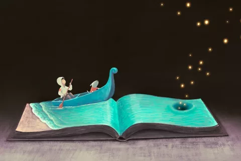 A dream-like fairy tale illustration of a child in a boat with a dog, sailing atop an open book, with pages made of water.