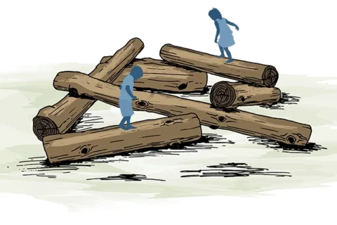 A concept drawing of Loggerton: The Pile, an interactive outdoor exhibit opening at the Children's Museum of Sonoma County in January 2025.