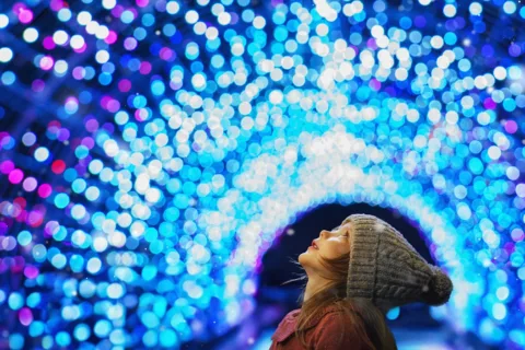 A child dressed warmly in winter hat and coat happily admiring a Holiday Winter Lights display