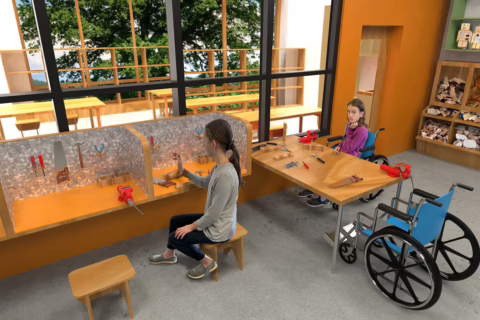 A 3D rendering of the 2nd Floor - Maker Room Cubby View at the Children's Museum of Sonoma County following the proposed expansion project and UP! capital campaign.
