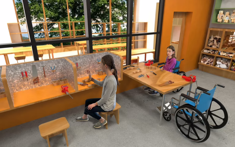 A 3D rendering of the 2nd Floor - Maker Room Cubby View at the Children's Museum of Sonoma County following the proposed expansion project and UP! capital campaign.