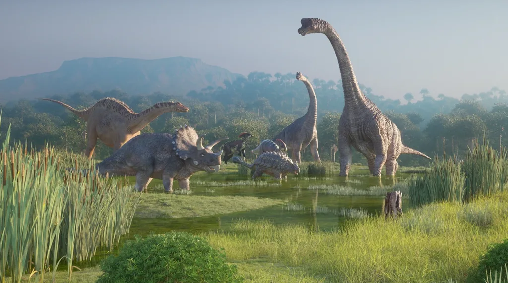 Digital rendering of the Earth during the Cretaceous Period featuring an Ankylosaurus, Brachiosaurus, and other Dinosaurs.