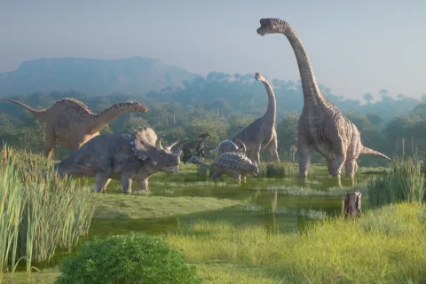 Digital rendering of the Earth during the Cretaceous Period featuring an Ankylosaurus, Brachiosaurus, and other Dinosaurs.