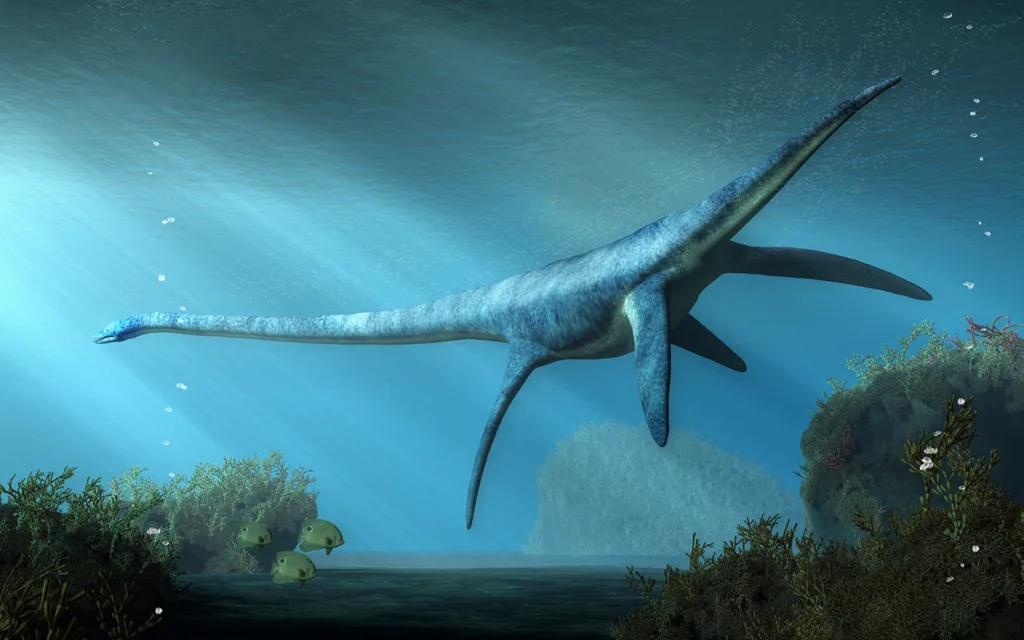 Digital rendering of a long necked Plesiosaur: a marine reptile that lived in California during the Cretaceous period.