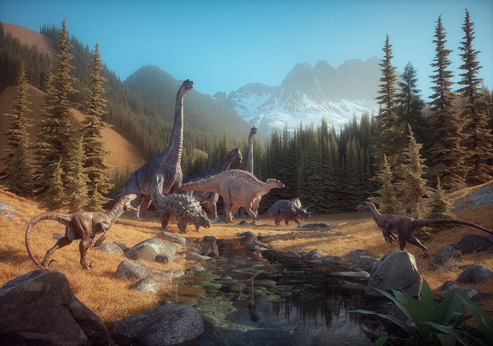 Digital rendering of Earth during the Cretaceous Period featuring an Ankylosaurus, Brachiosaurus, Velociraptor, and other Dinosaurs.