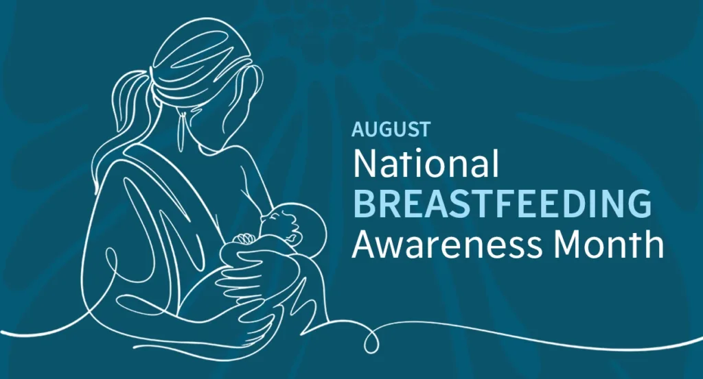 A blue background with a thin line illustration of a mother breastfeeding their baby with text overlay that reads: "AUGUST National Breastfeeding Awareness Month"