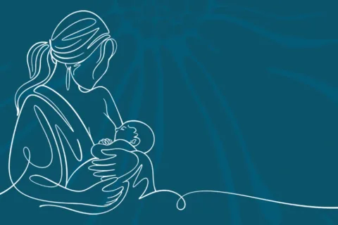 Fondo azul con una ilustración de líneas finas de una madre amamantando a su bebé.