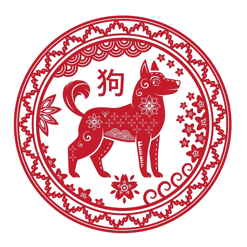 Una representación artística del animal del zodiaco chino, el perro, en rojo y blanco.