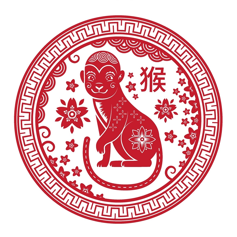 Una representación artística del animal del zodiaco chino, el mono, en rojo y blanco.