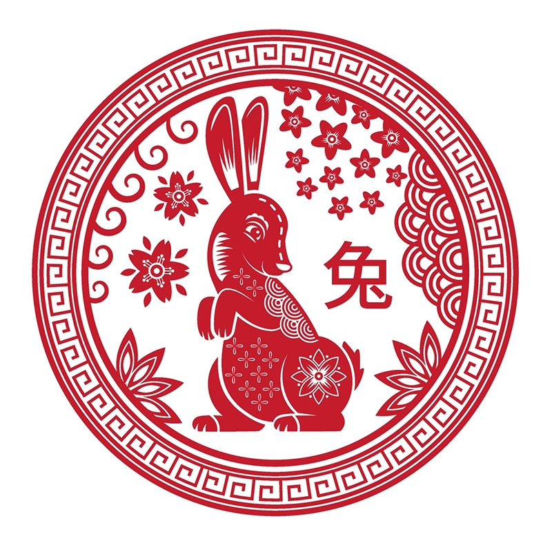 Una representación artística del animal del zodiaco chino, el conejo, en rojo y blanco.