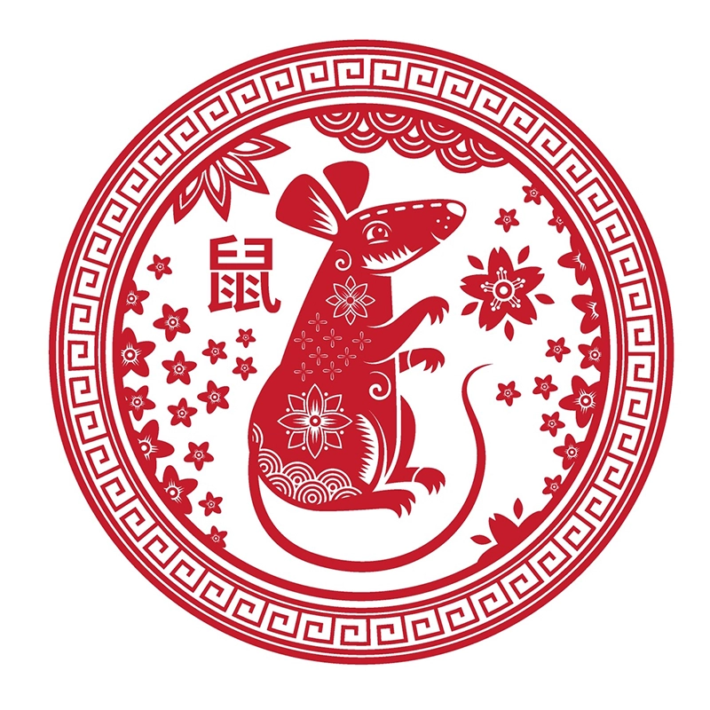 Una representación artística del animal del zodiaco chino, la rata, en rojo y blanco.