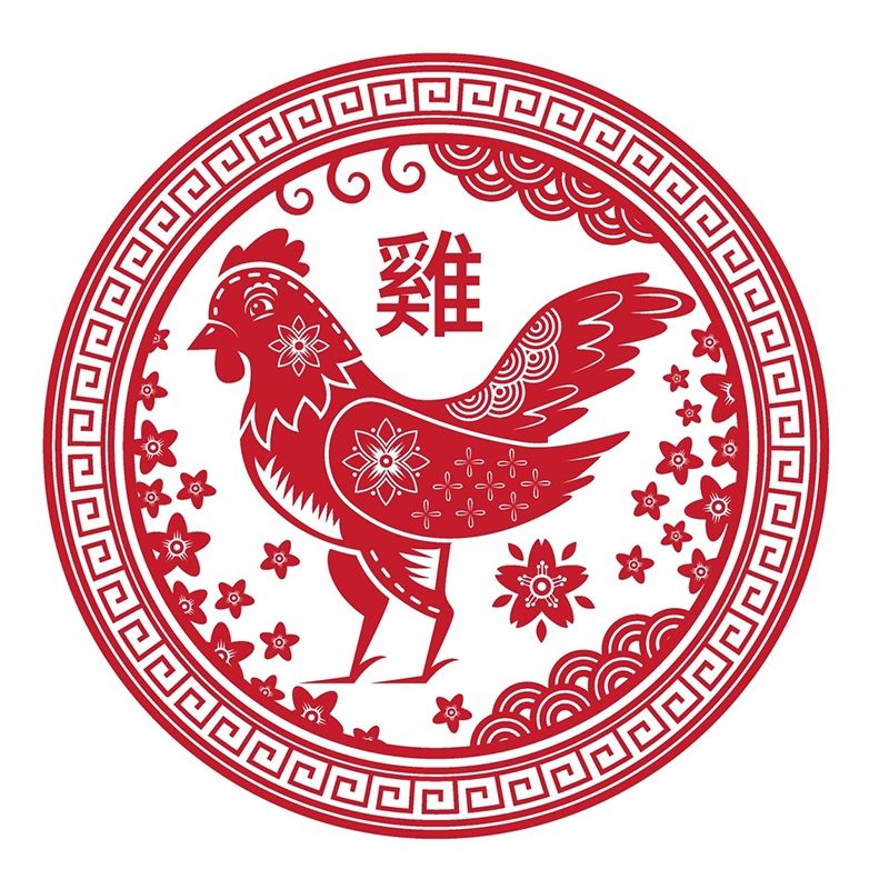 Una representación artística del animal del zodiaco chino, el gallo, en rojo y blanco.