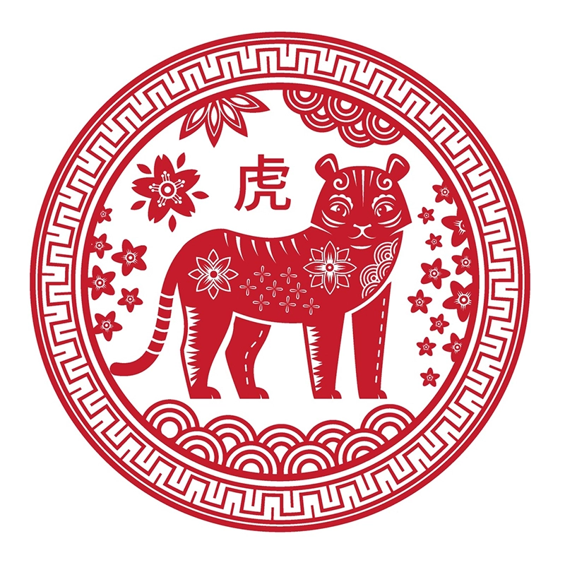 Una representación artística del animal del zodiaco chino, el tigre, en rojo y blanco.