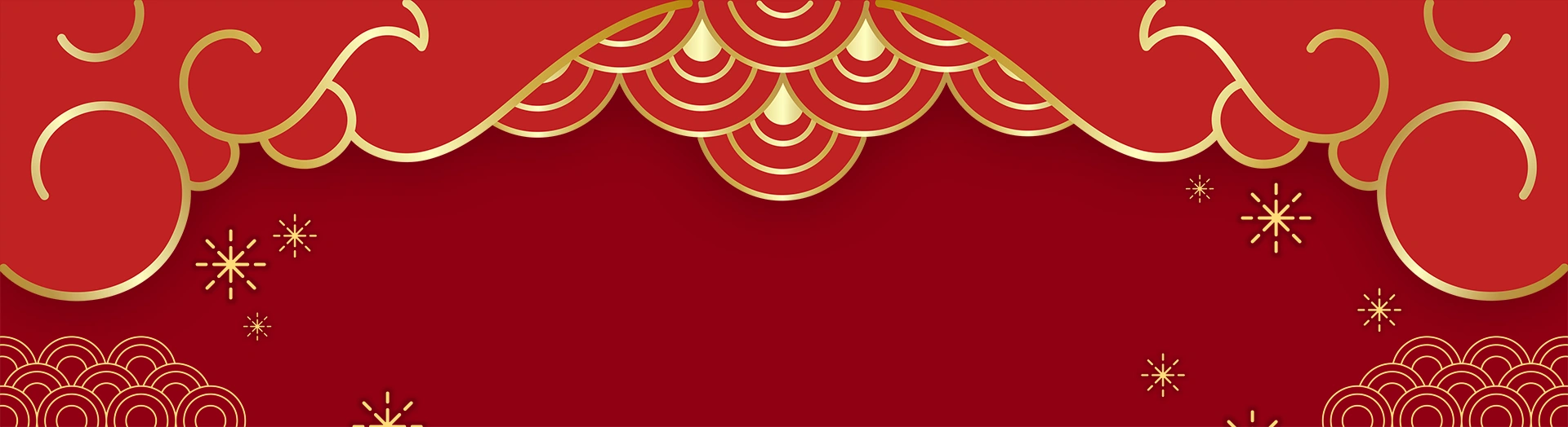 Una bandera de color rojo intenso con ilustraciones doradas de nubes artísticas.