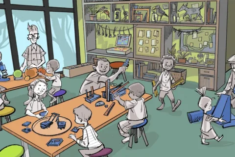 A cartoon-style rendering of children using tools and materials in Inventive, a future exhibit space at the Children's Museum of Sonoma County funded by the Unlock Potential UP! Capital Campaign.