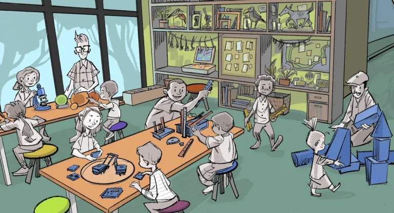 A cartoon-style rendering of children using tools and materials in Inventive, a future exhibit space at the Children's Museum of Sonoma County funded by the Unlock Potential UP! Capital Campaign.