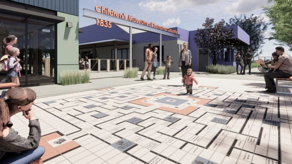 A digital rendering of a future exhibit at the Children's Museum of Sonoma County called the "Path of Possibility" maze made of custom bricks purchased by donors with engraved messages on them.