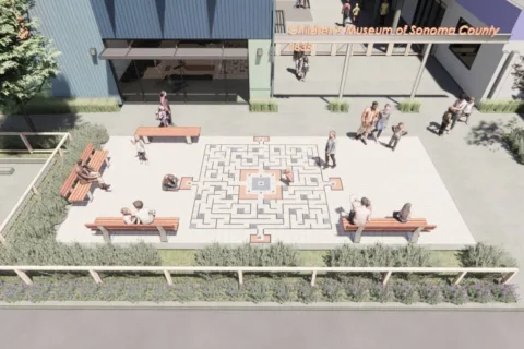 A digital rendering of a future exhibit at the Children's Museum of Sonoma County called the "Path of Possibility" maze made of custom bricks purchased by donors with engraved messages on them.