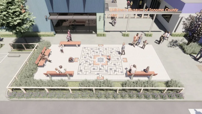 A digital rendering of a future exhibit at the Children's Museum of Sonoma County called the "Path of Possibility" maze made of custom bricks purchased by donors with engraved messages on them.