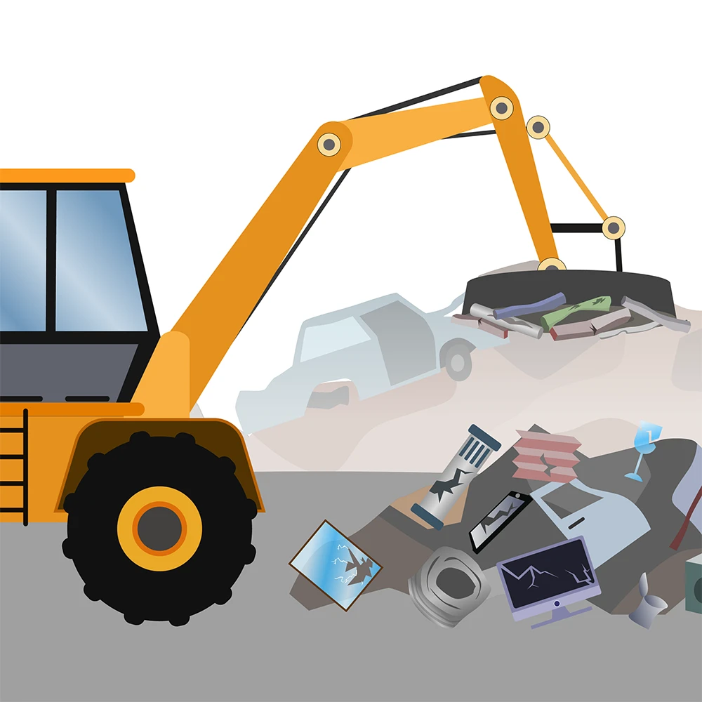 Imagen vectorial detallada e ilustrada de un tractor-grúa que utiliza un potente electroimán para recoger objetos metálicos en un desguace. Los electroimanes solo son magnéticos cuando les circula electricidad.