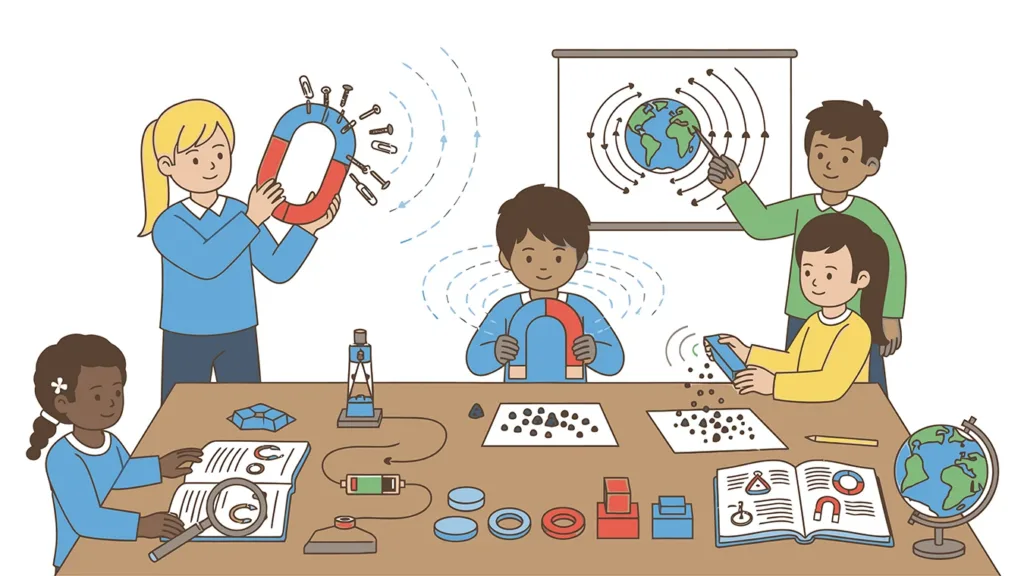 Imagen vectorial detallada e ilustrada de cinco niños pequeños en un aula, experimentando y aprendiendo sobre la ciencia de los imanes y el magnetismo.