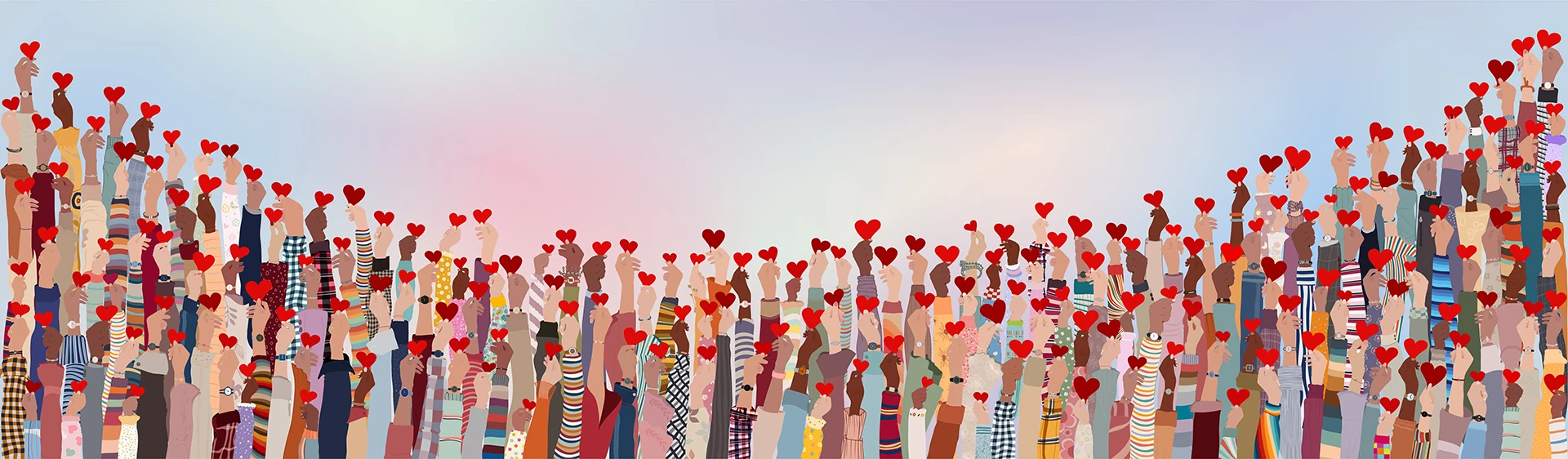 Una ilustración colorida de un grupo de manos levantadas que sostienen corazones, lo cual simboliza las donaciones caritativas y el trabajo voluntario.